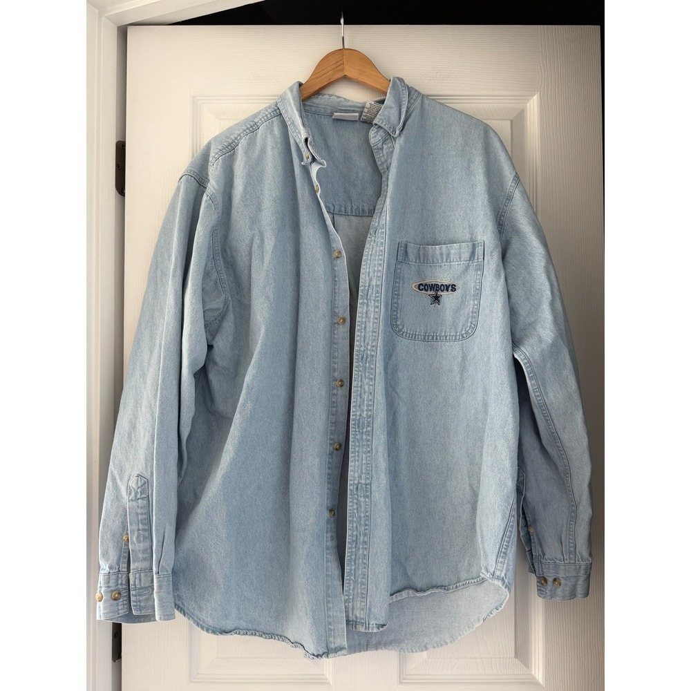 VTG 90s NFL Denim Dallas Cowboys Button Down Shirt Retro Game Day
